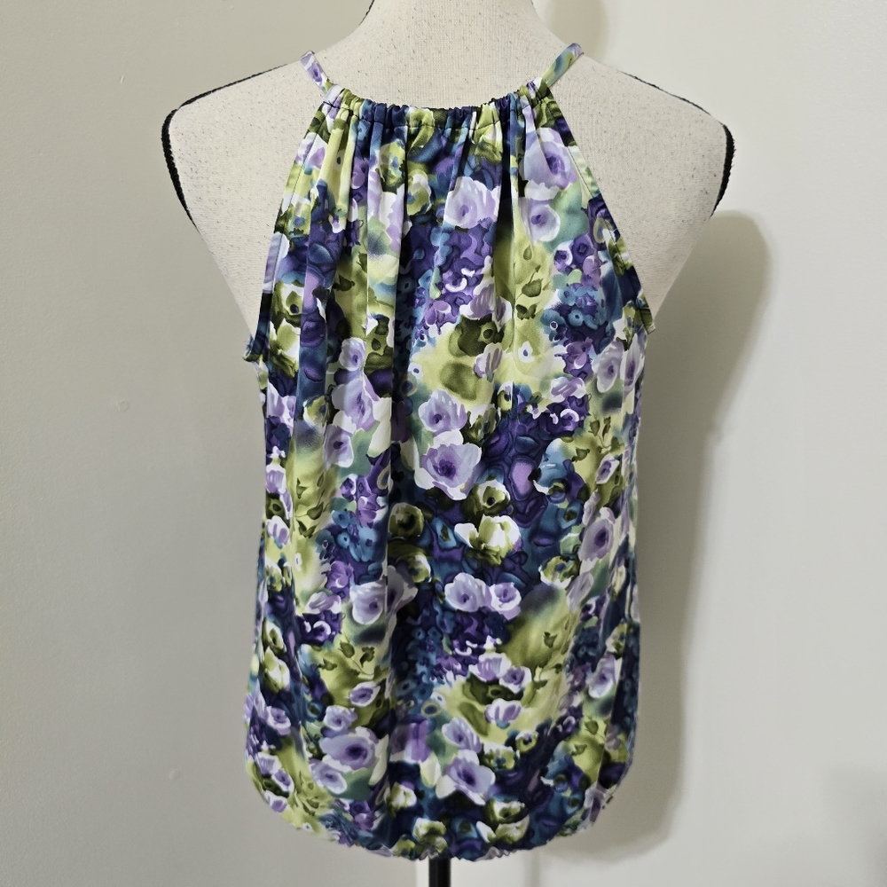 SUNNY LEIGH size Small Floral Satin Tank 3D‎ Neckline Purple Green Cottagecore - Picture 5 of 12